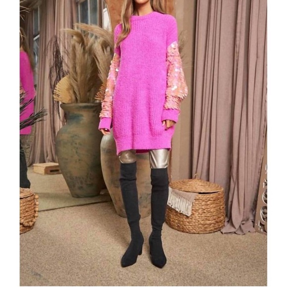 NWT DAVI & DANI Vibrant Pink Sweater Tunic with Sequin Sleeves - Picture 11 of 14